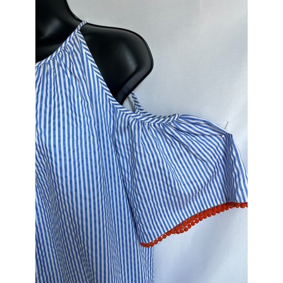 Maggy London Embroidered Striped Dress Size 10 Cold Shoulder Nautical Boho Cute - Picture 3 of 10